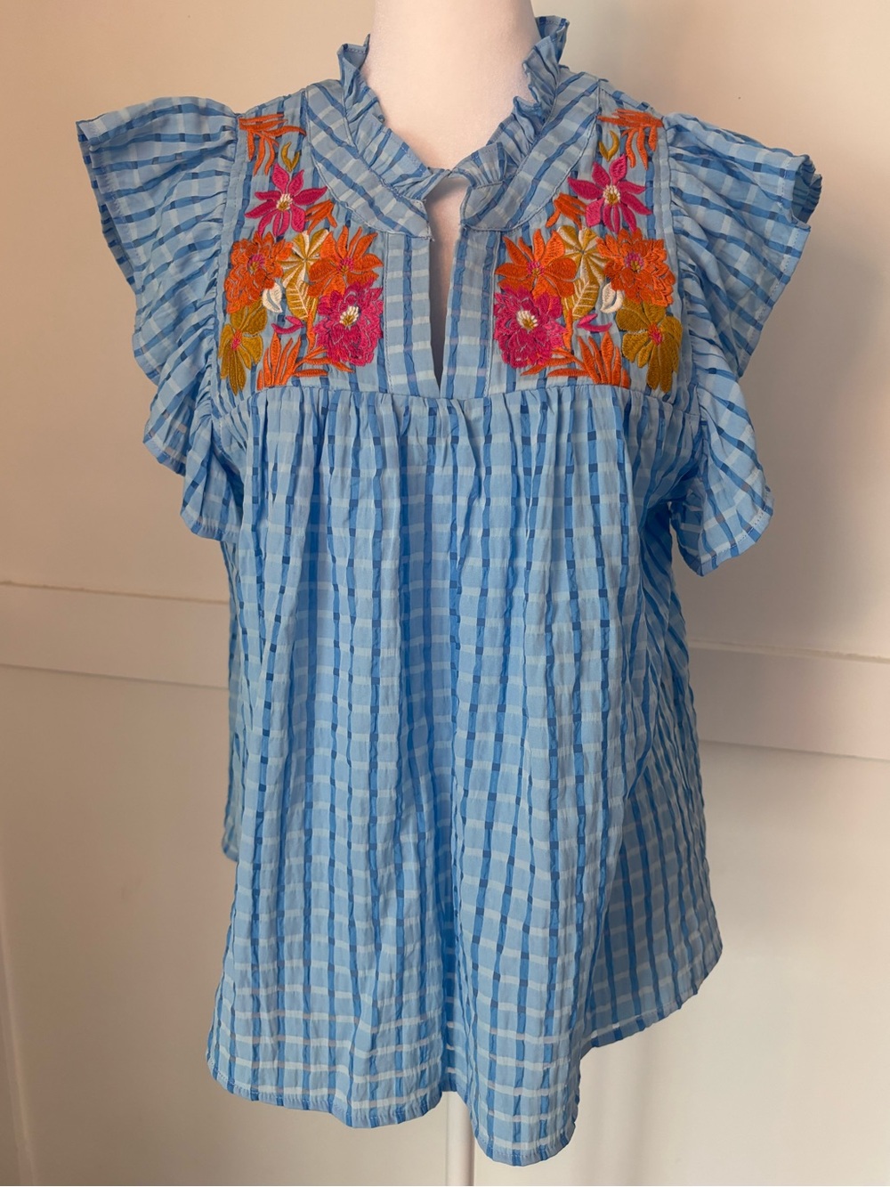 THML Light Blue Checkered Embroidered Flutter Sleeve Top. Size medium